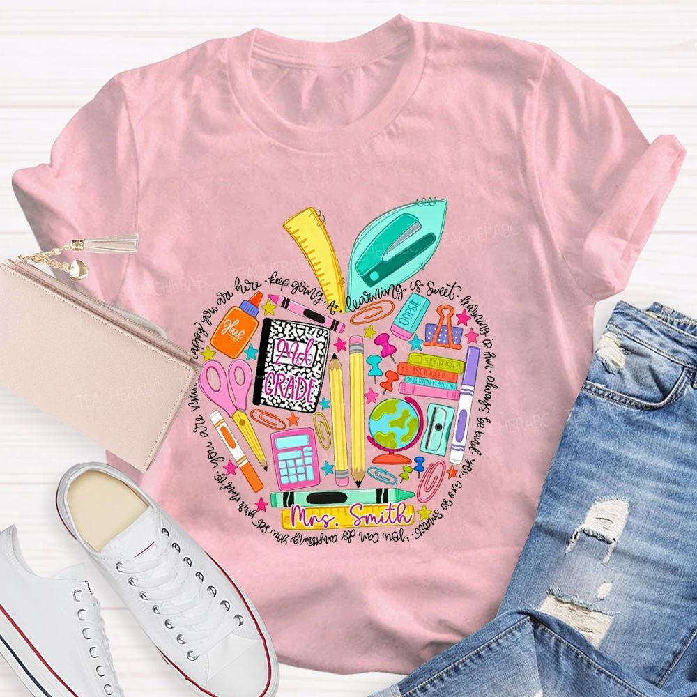 Personalized Name And Grade School Supply Apple Teacher T-shirt