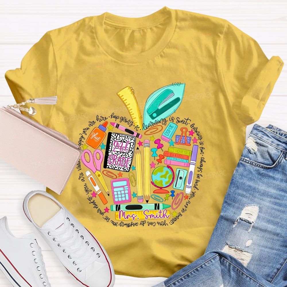 Personalized Name And Grade School Supply Apple Teacher T-shirt