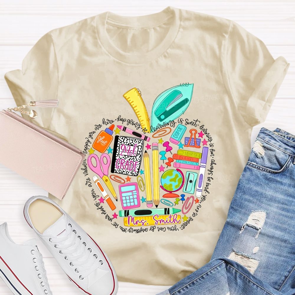 Personalized Name And Grade School Supply Apple Teacher T-shirt