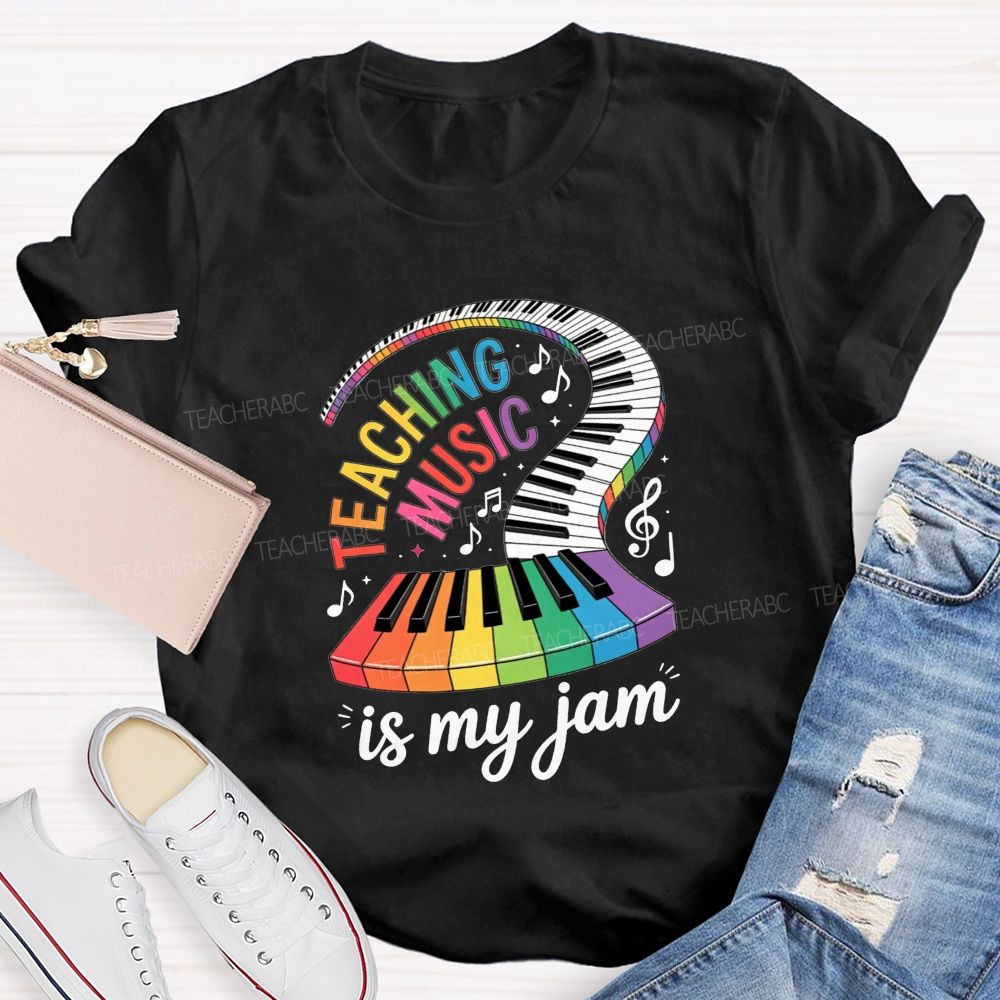 Teaching Music Is My Jam Rainbow Curved Piano Keyboard Teacher T-shirt