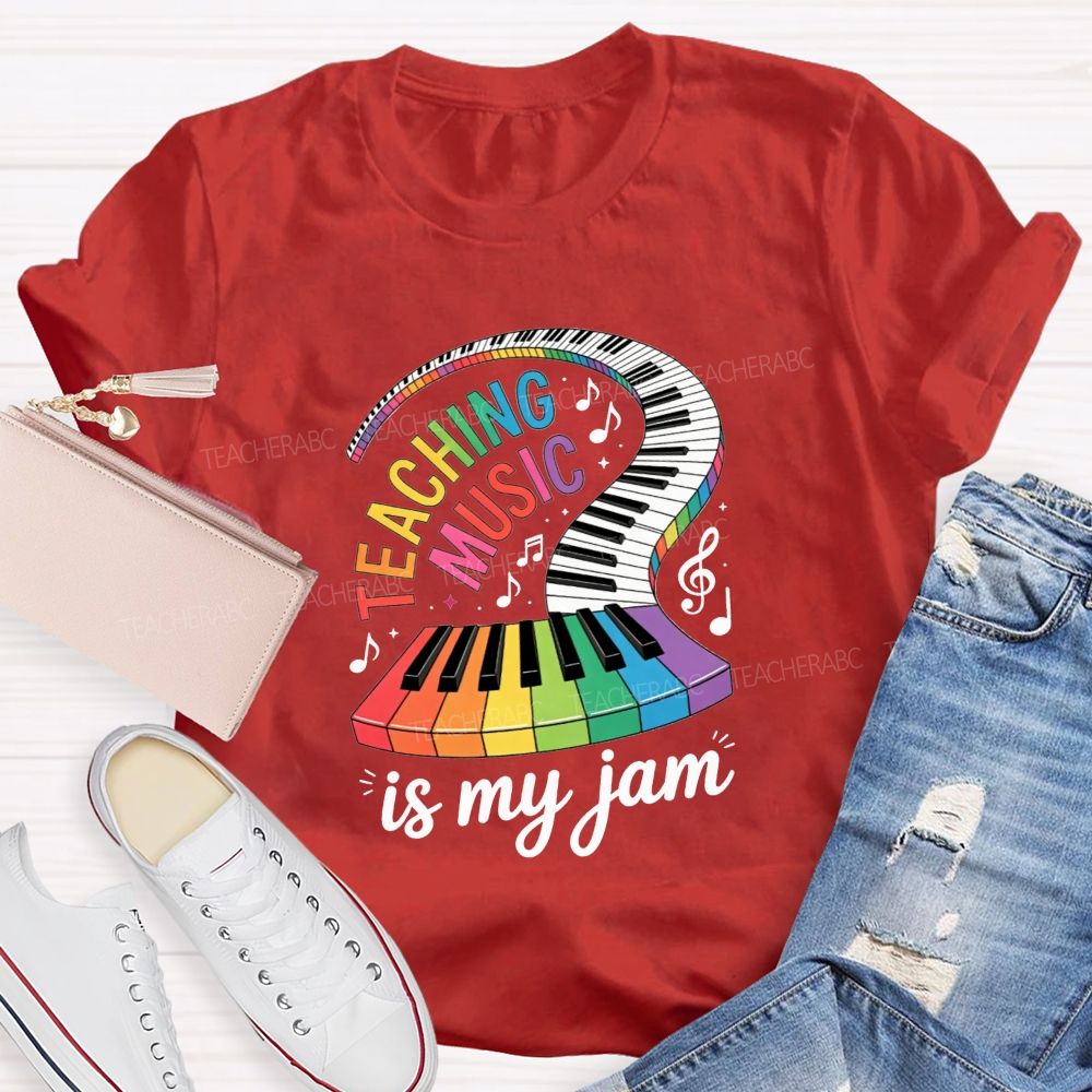 Teaching Music Is My Jam Rainbow Curved Piano Keyboard Teacher T-shirt