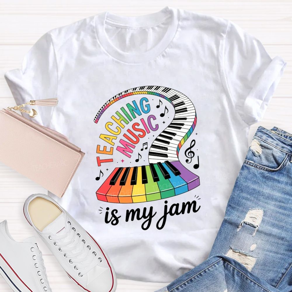 Teaching Music Is My Jam Rainbow Curved Piano Keyboard Teacher T-shirt