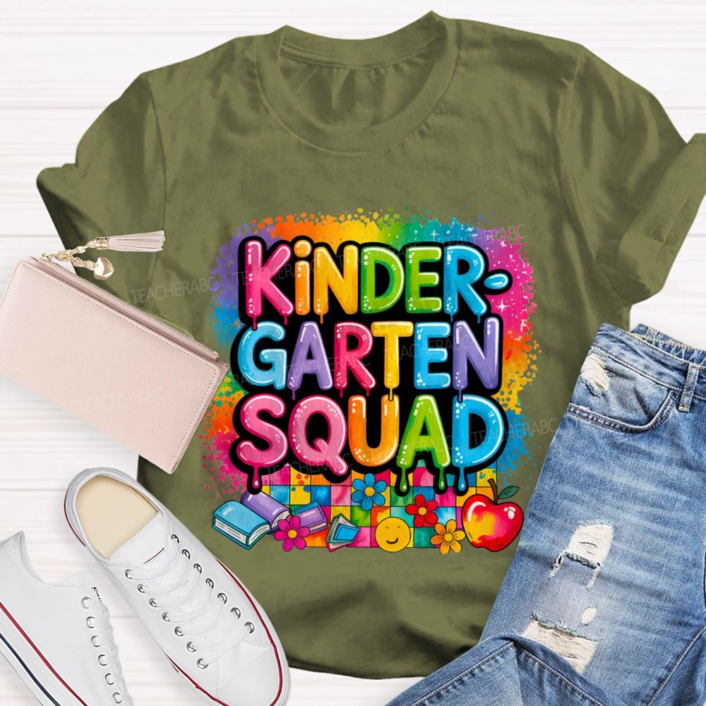 Personalized Grade Kindergarten Squad Colorful Plaid Print Teacher T-Shirt