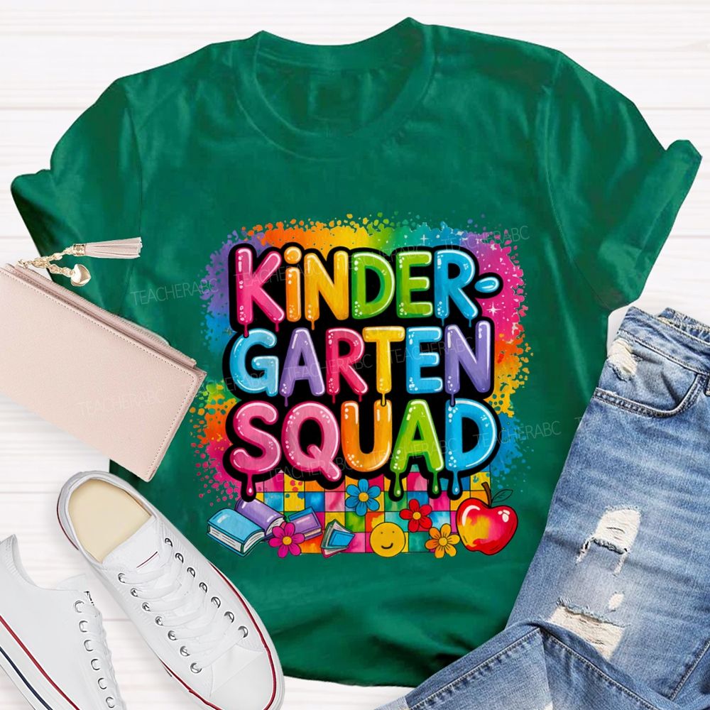 Personalized Grade Kindergarten Squad Colorful Plaid Print Teacher T-Shirt