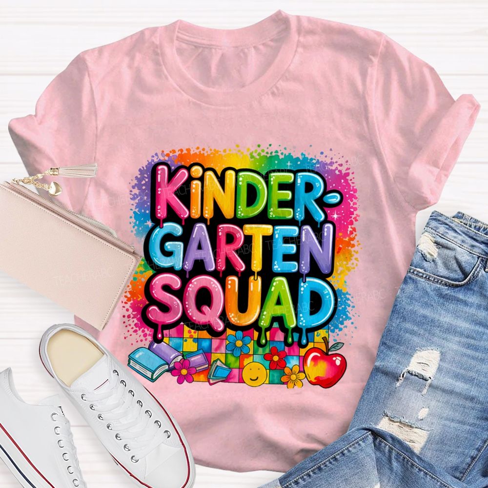Personalized Grade Kindergarten Squad Colorful Plaid Print Teacher T-Shirt