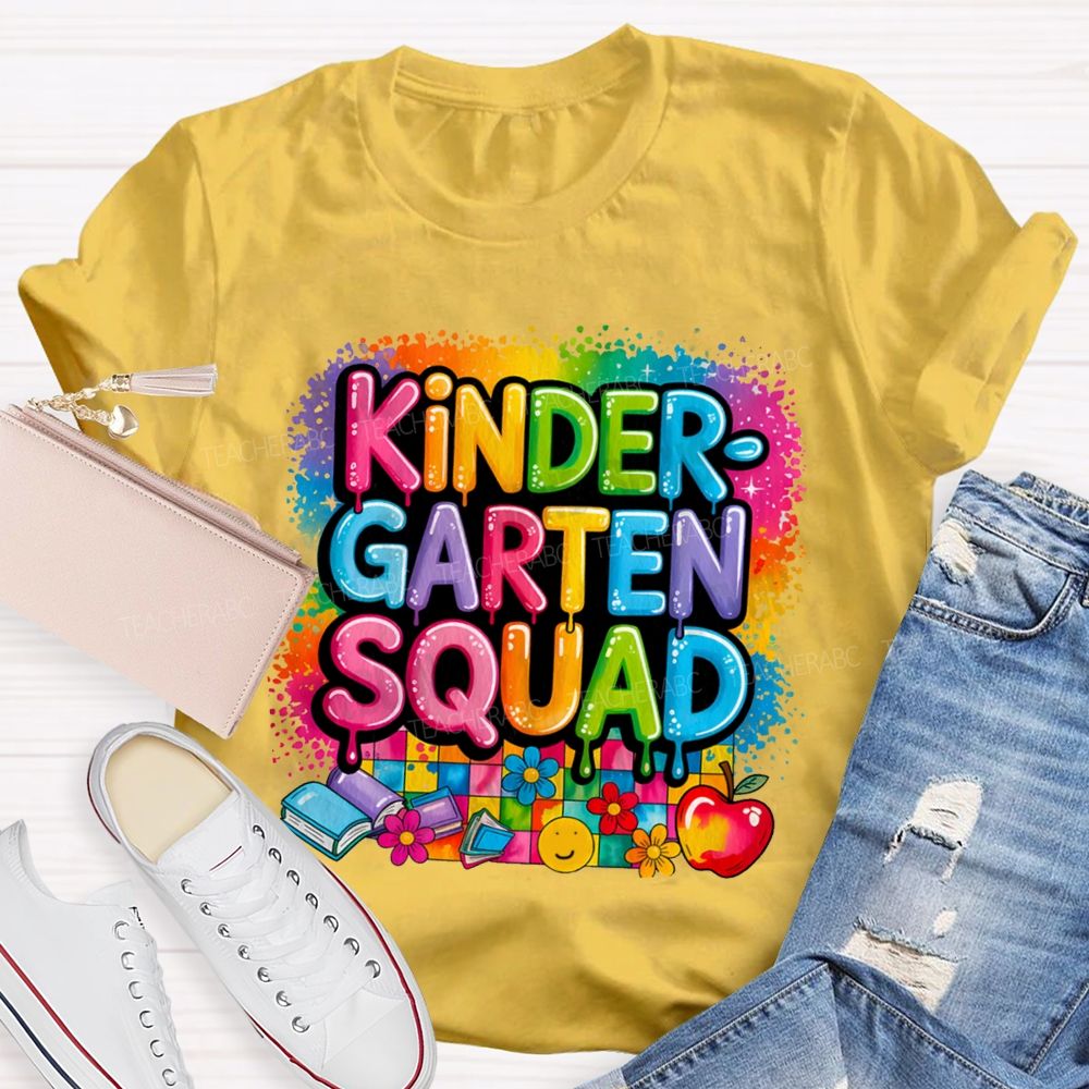 Personalized Grade Kindergarten Squad Colorful Plaid Print Teacher T-Shirt