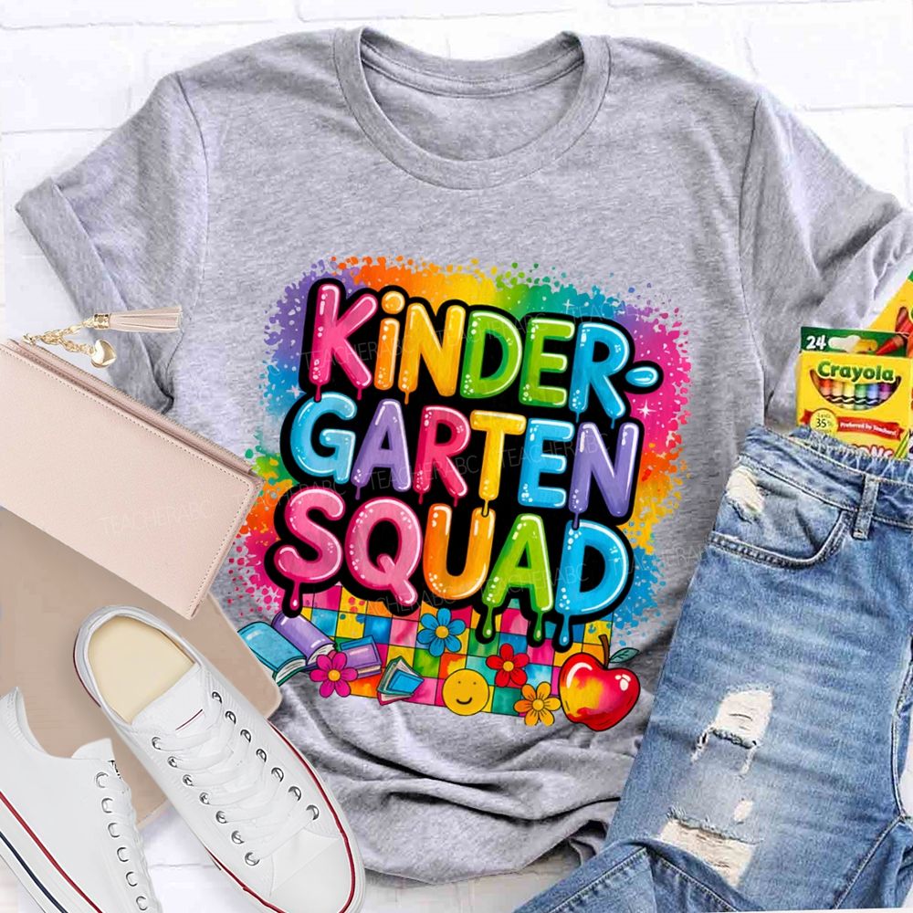 Personalized Grade Kindergarten Squad Colorful Plaid Print Teacher T-Shirt