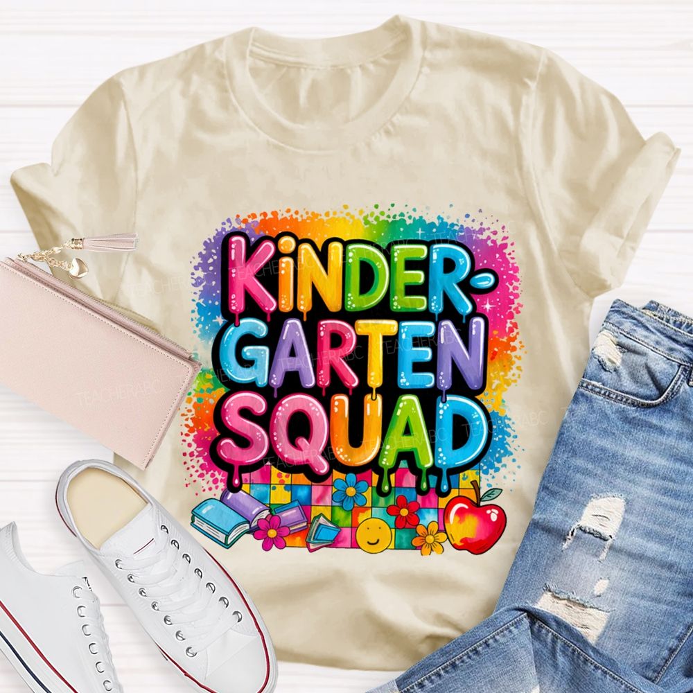 Personalized Grade Kindergarten Squad Colorful Plaid Print Teacher T-Shirt