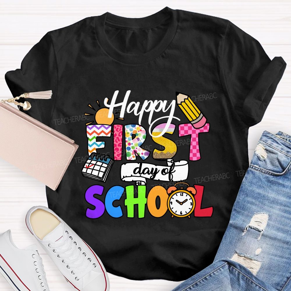 Happy First Day Of School Colorful Lines And Polka Dots Teacher T-Shirt