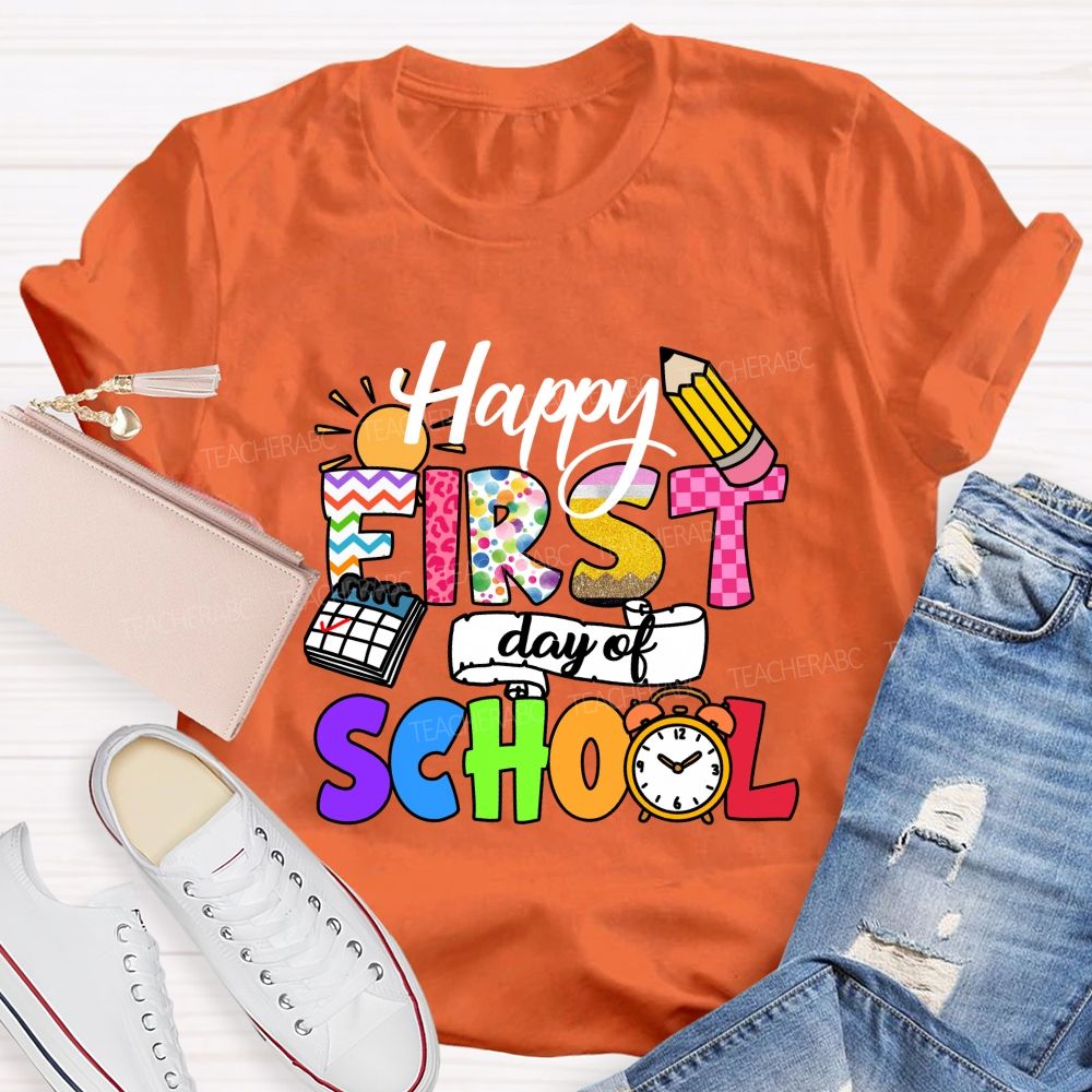 Happy First Day Of School Colorful Lines And Polka Dots Teacher T-Shirt