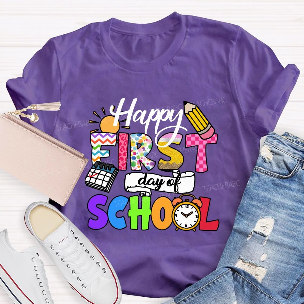 Happy First Day Of School Colorful Lines And Polka Dots Teacher T-Shirt