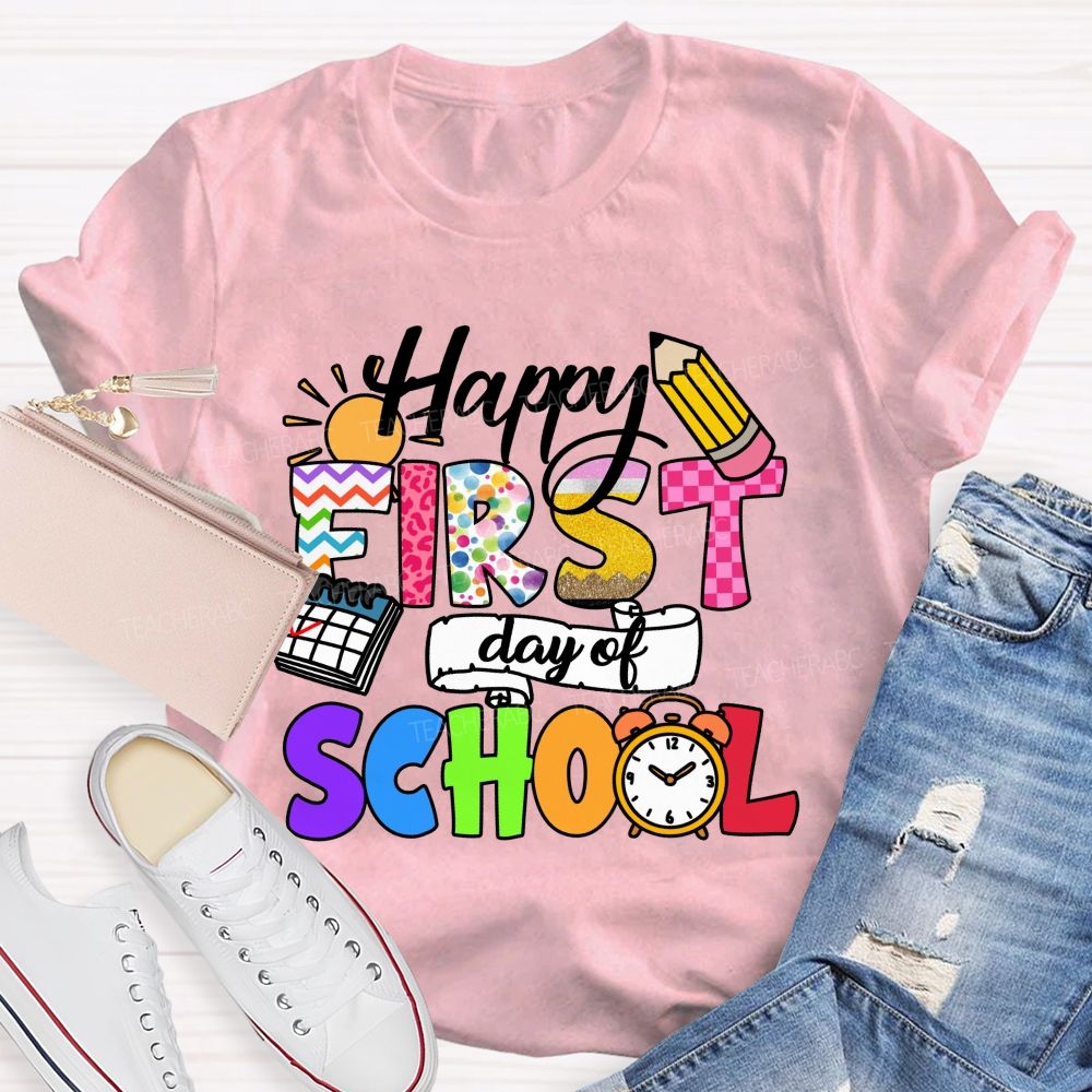 Happy First Day Of School Colorful Lines And Polka Dots Teacher T-Shirt