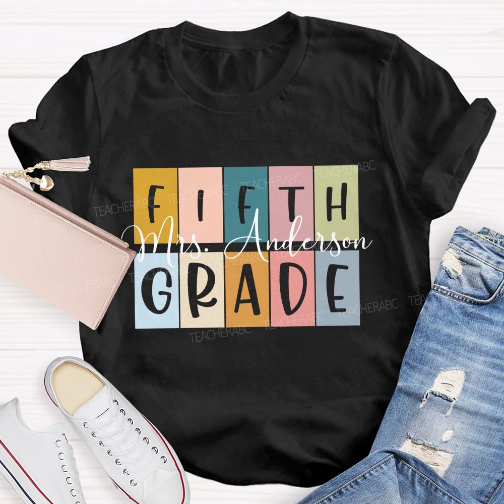 Personalized Grade And Name Colored Blocks Back To School Teacher T-Shirt
