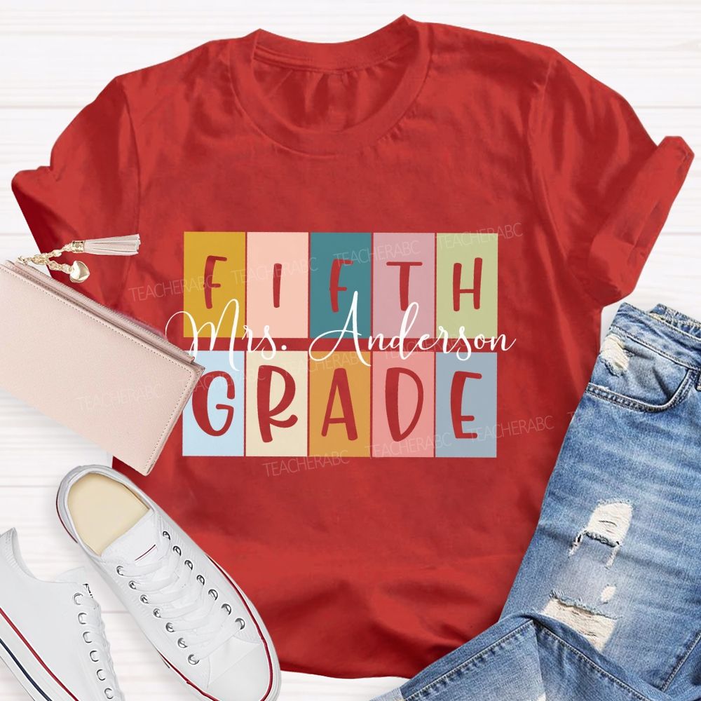 Personalized Grade And Name Colored Blocks Back To School Teacher T-Shirt