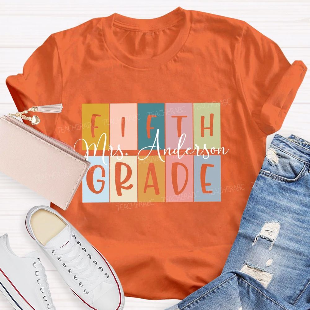 Personalized Grade And Name Colored Blocks Back To School Teacher T-Shirt