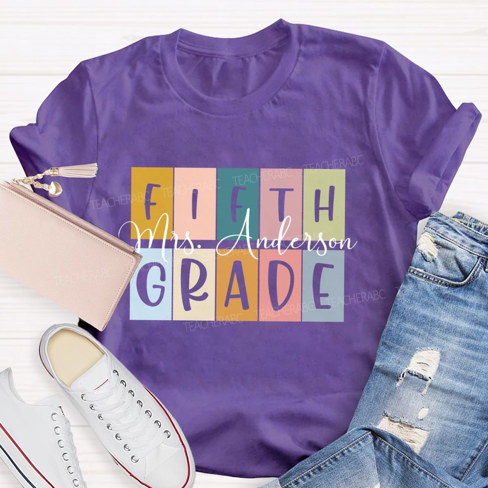 Personalized Grade And Name Colored Blocks Back To School Teacher T-Shirt