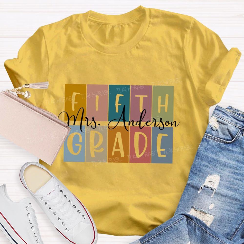 Personalized Grade And Name Colored Blocks Back To School Teacher T-Shirt