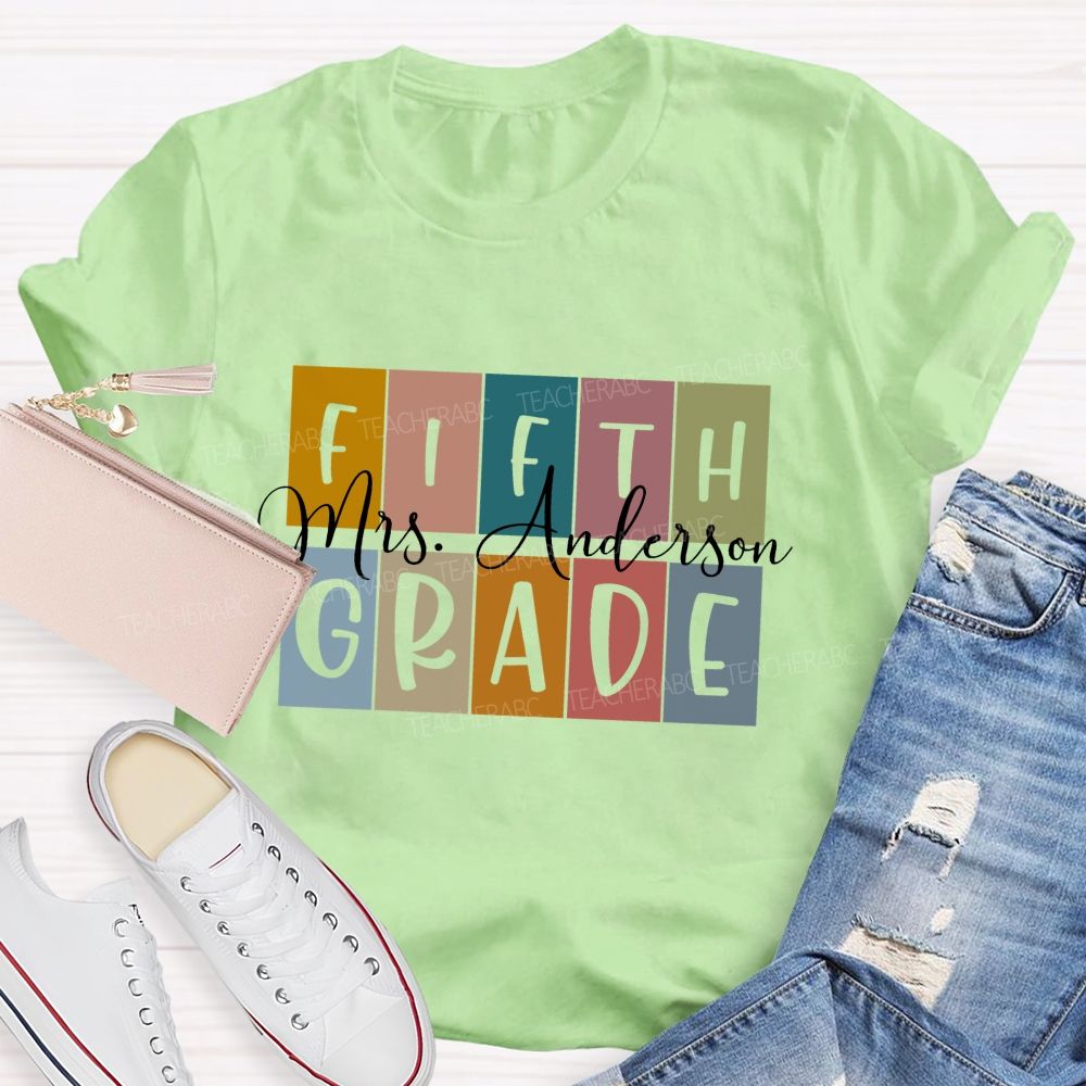 Personalized Grade And Name Colored Blocks Back To School Teacher T-Shirt
