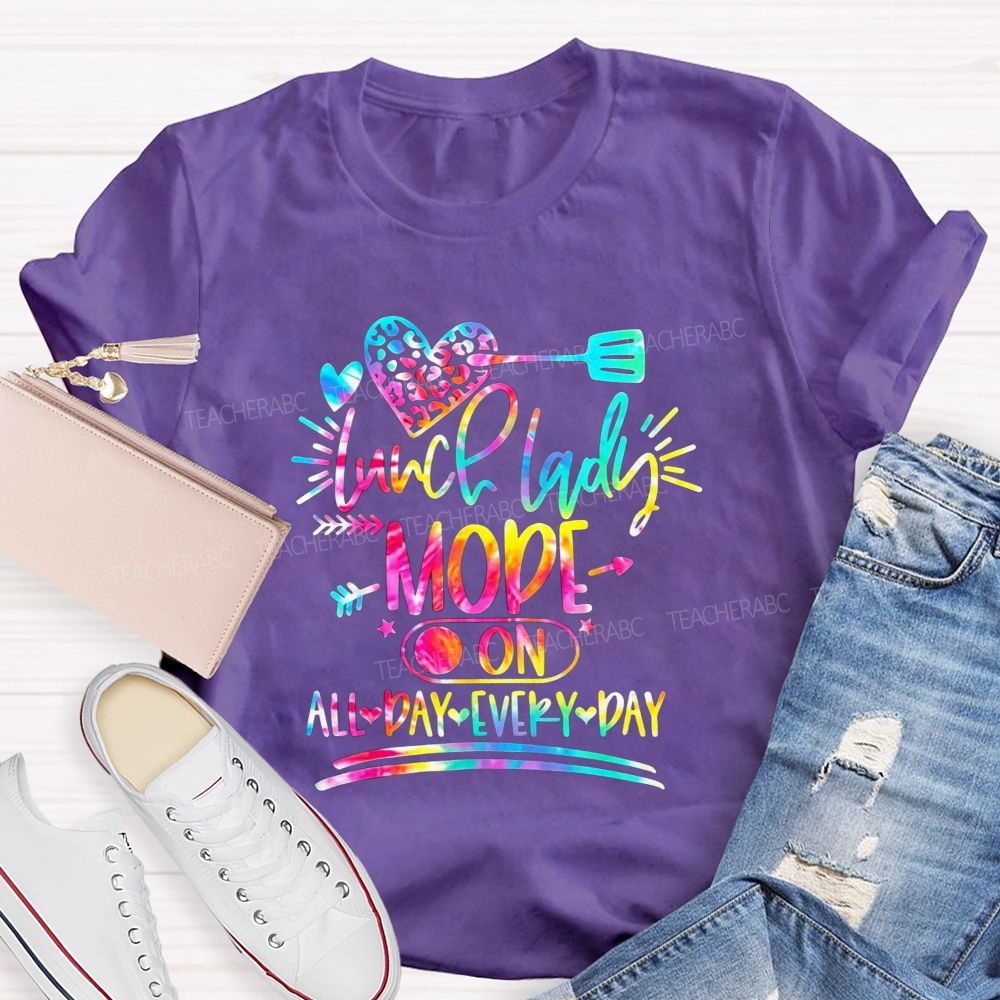 Tie Dye Leopard Heart Lunch Lady Mode On All Day Every Day T-shirt