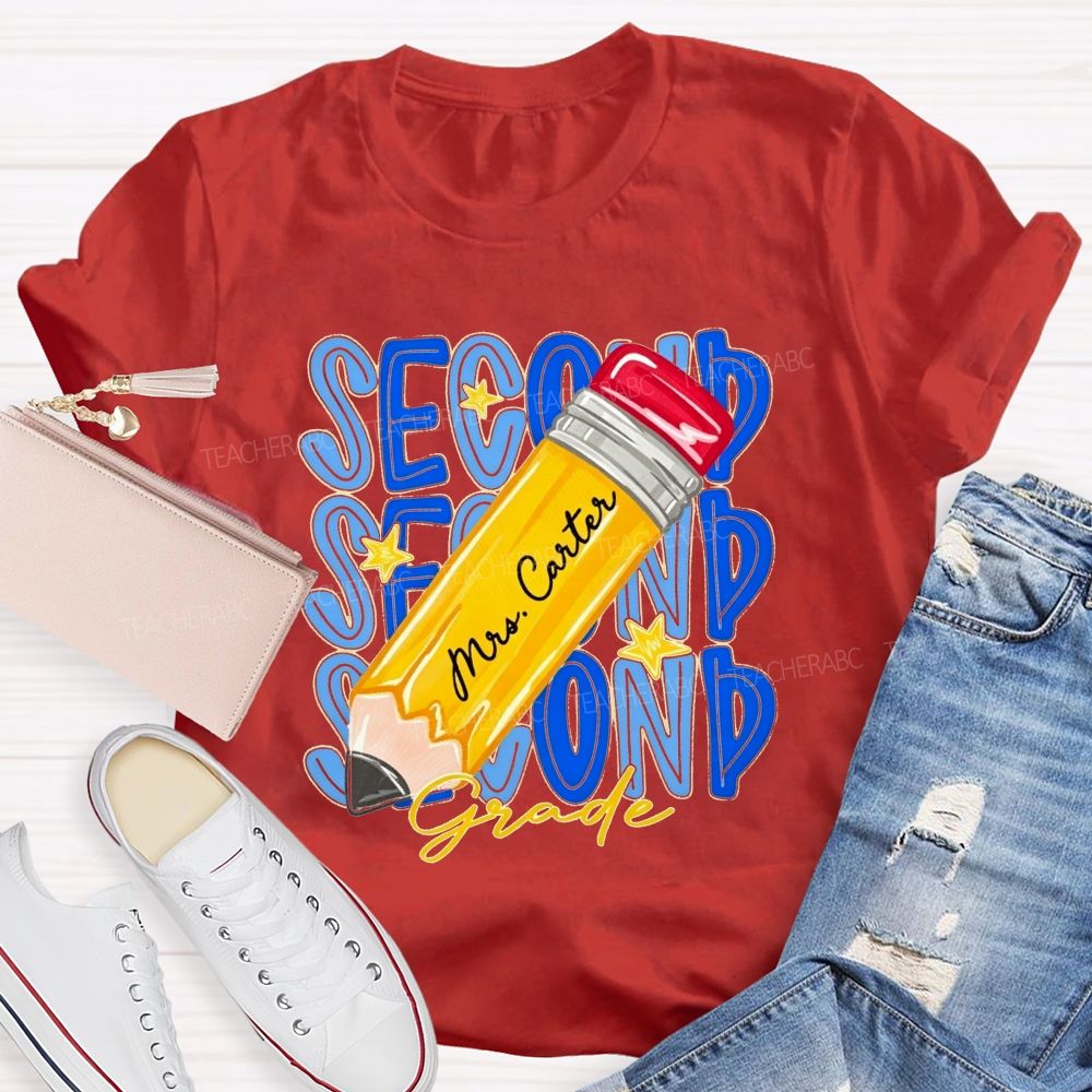 Personalized Name And Grade Stacked Text Yellow Pencil Teacher T-shirt