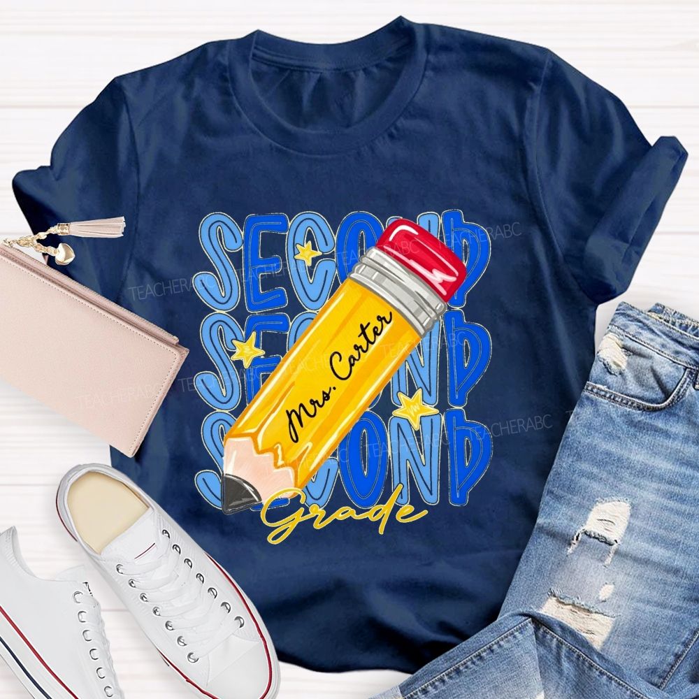 Personalized Name And Grade Stacked Text Yellow Pencil Teacher T-shirt