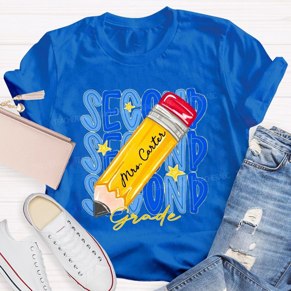 Personalized Name And Grade Stacked Text Yellow Pencil Teacher T-shirt