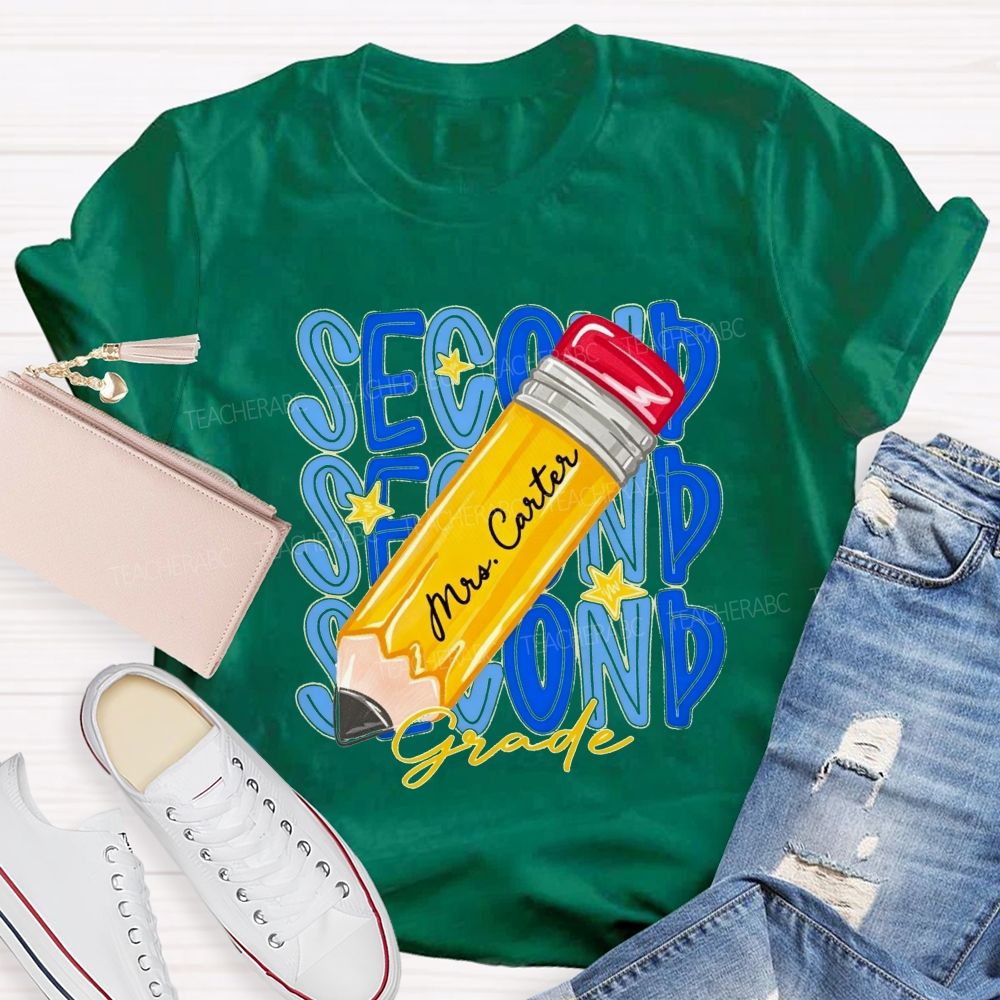Personalized Name And Grade Stacked Text Yellow Pencil Teacher T-shirt