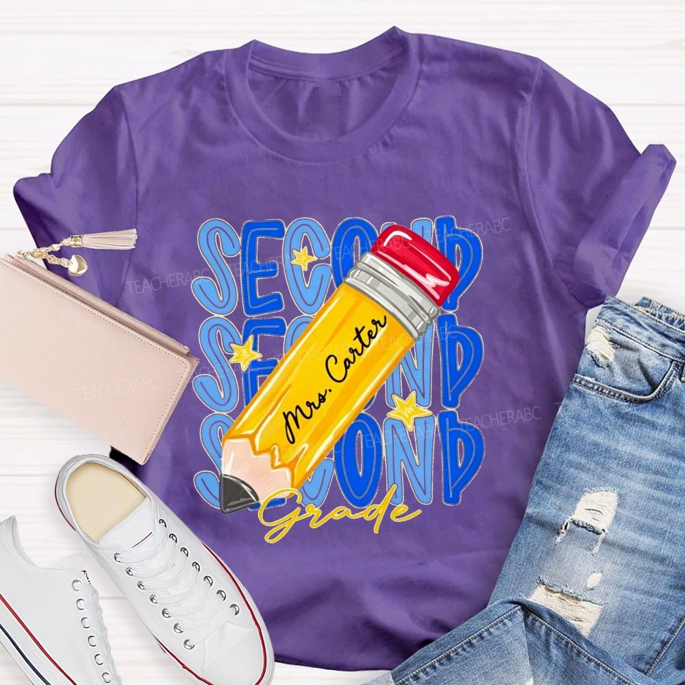 Personalized Name And Grade Stacked Text Yellow Pencil Teacher T-shirt