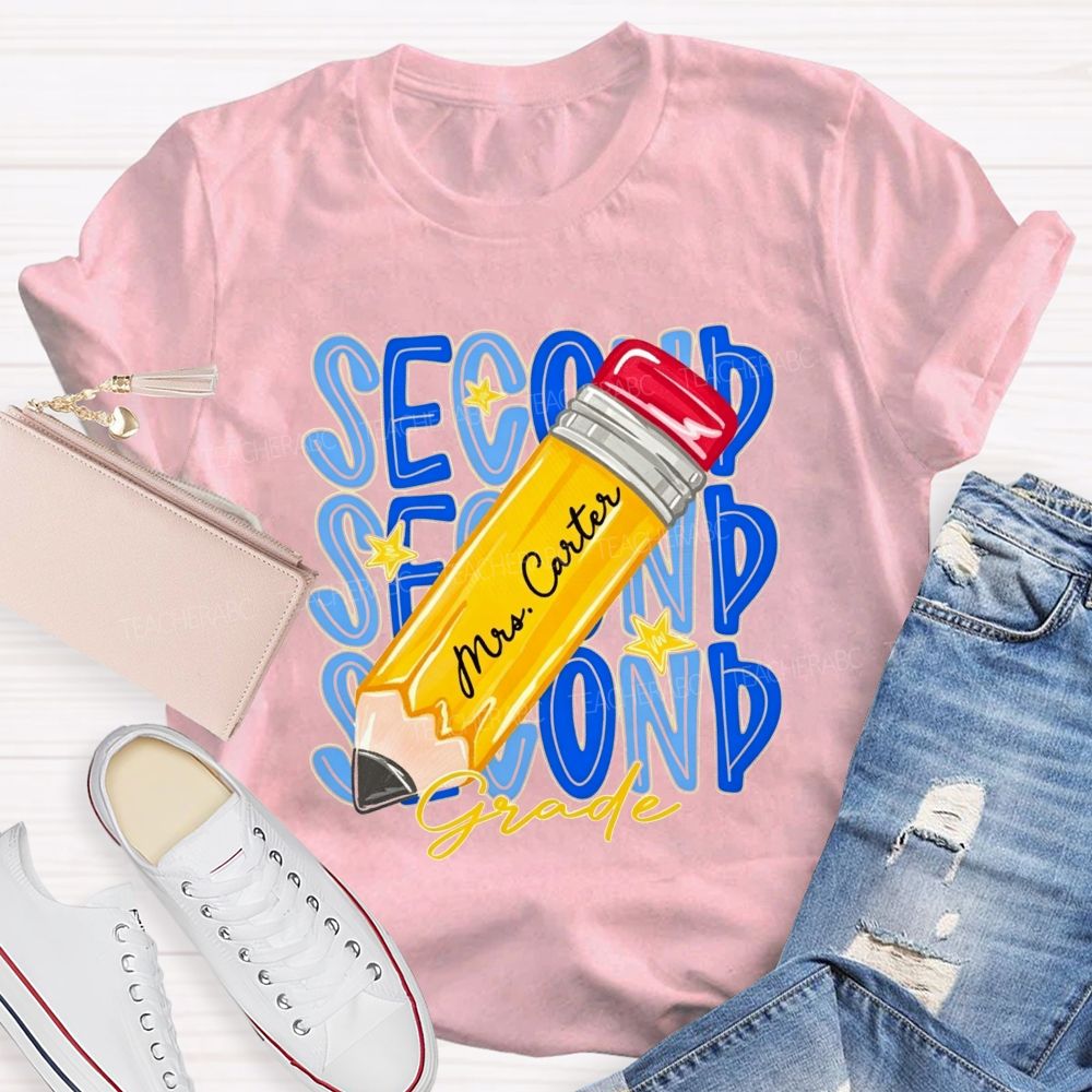 Personalized Name And Grade Stacked Text Yellow Pencil Teacher T-shirt