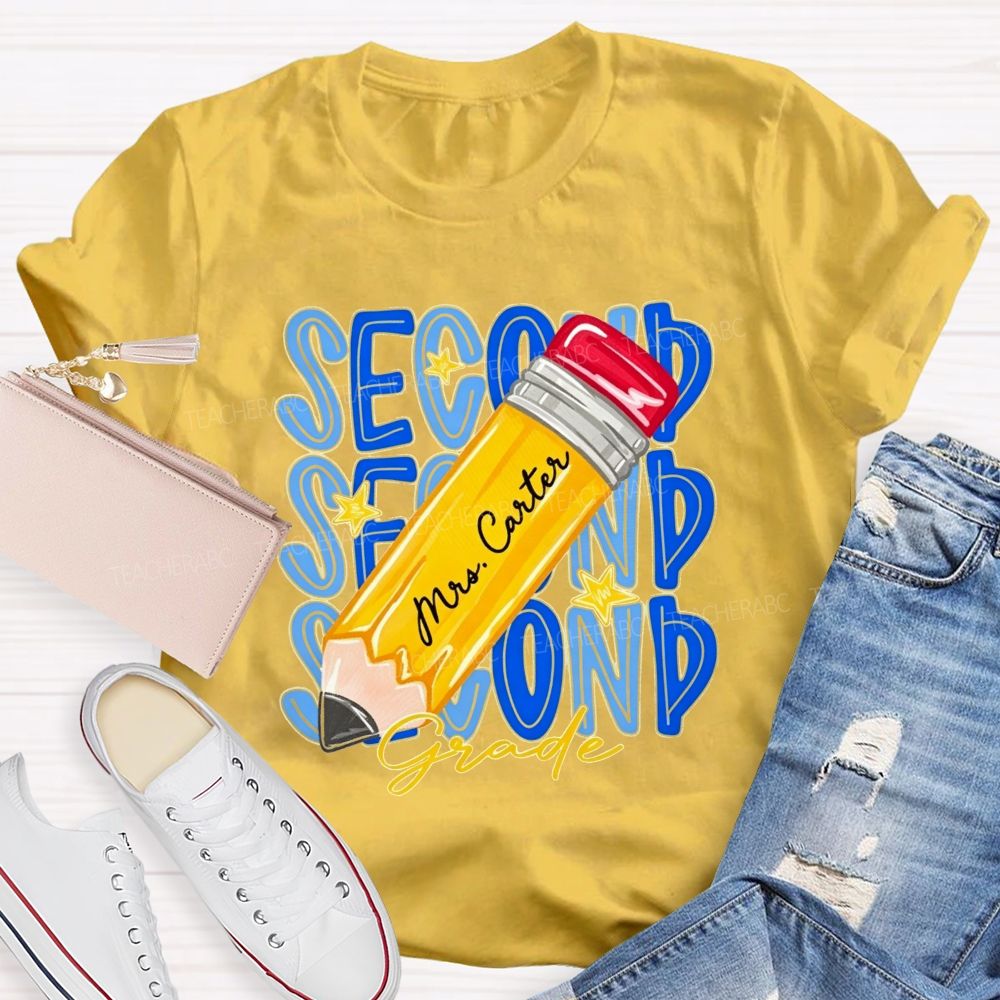Personalized Name And Grade Stacked Text Yellow Pencil Teacher T-shirt