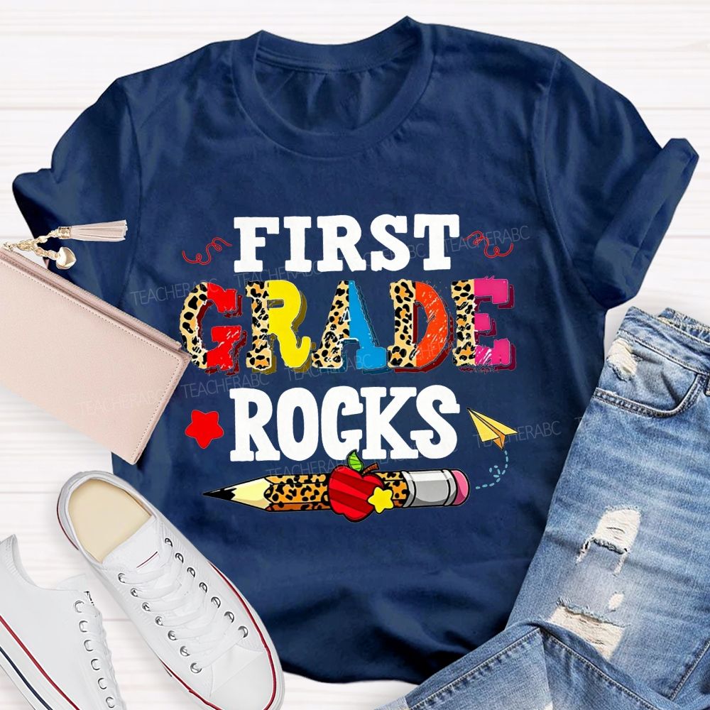 Personalized Grade First Grade Rocks Leopard Mix Color Letter Leopard Teacher T-shirt