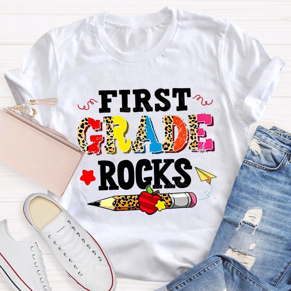 Personalized Grade First Grade Rocks Leopard Mix Color Letter Leopard Teacher T-shirt