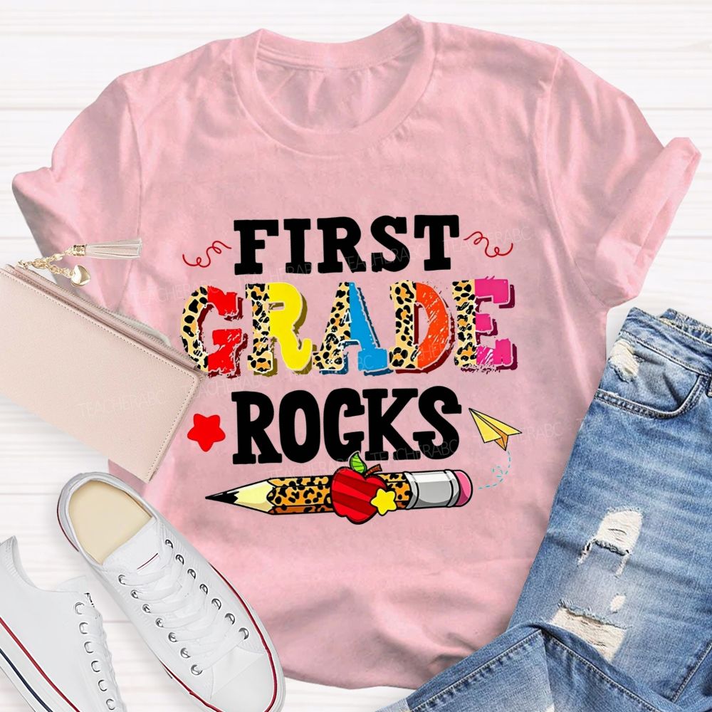 Personalized Grade First Grade Rocks Leopard Mix Color Letter Leopard Teacher T-shirt