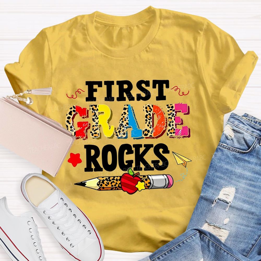 Personalized Grade First Grade Rocks Leopard Mix Color Letter Leopard Teacher T-shirt