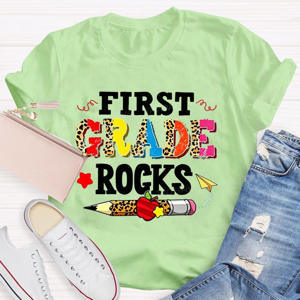 Personalized Grade First Grade Rocks Leopard Mix Color Letter Leopard Teacher T-shirt