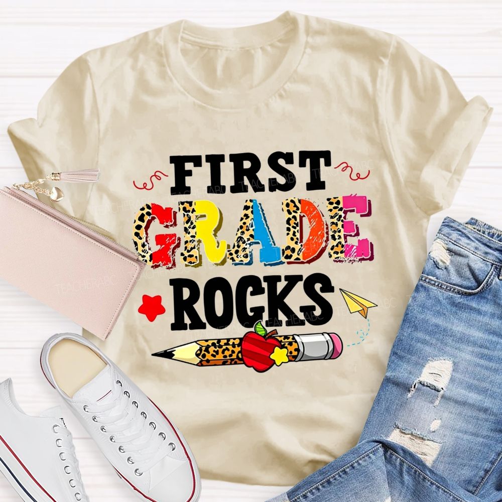 Personalized Grade First Grade Rocks Leopard Mix Color Letter Leopard Teacher T-shirt