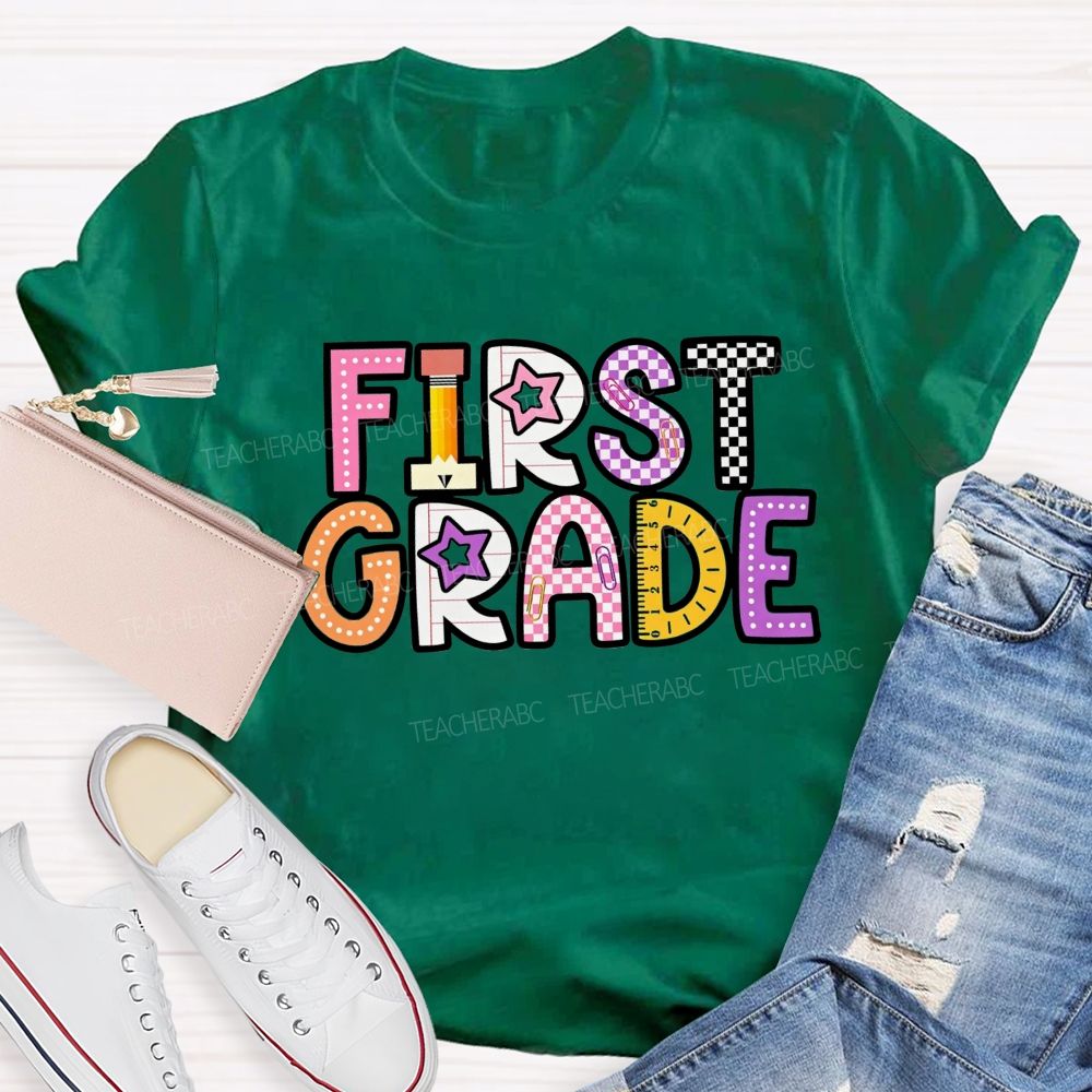 Personalized Grade First Grade Stationery Letter Design Teacher T-shirt