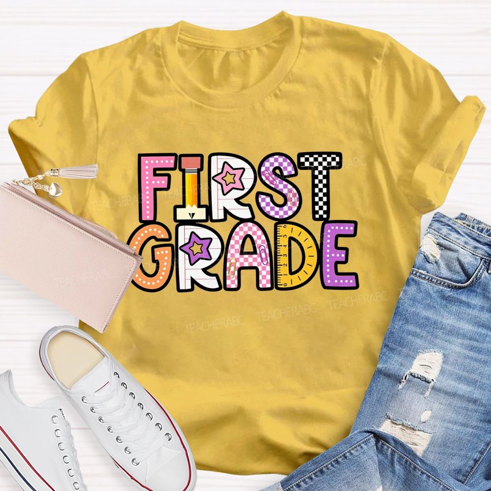 Personalized Grade First Grade Stationery Letter Design Teacher T-shirt