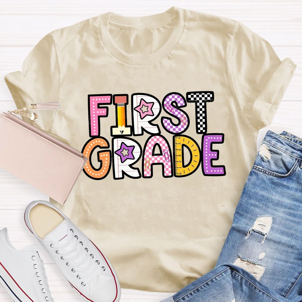 Personalized Grade First Grade Stationery Letter Design Teacher T-shirt