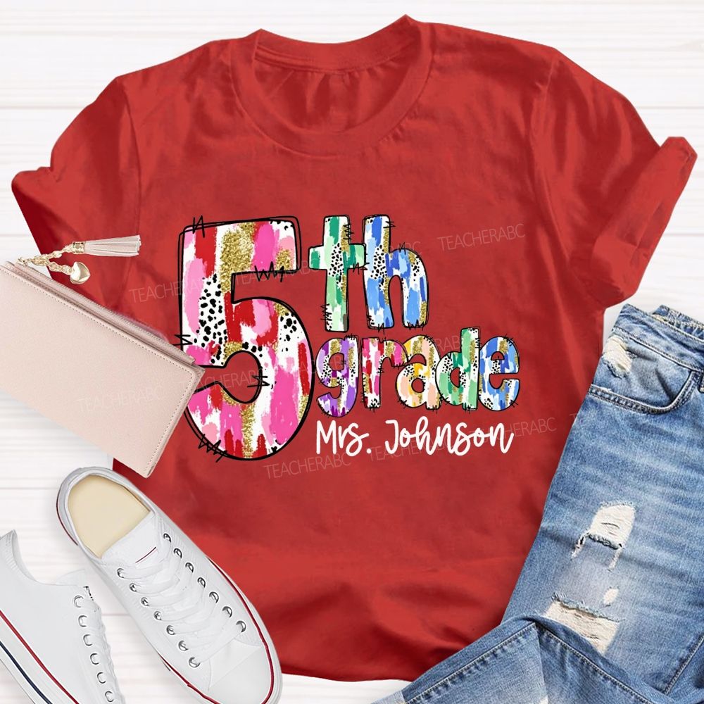 Personalized Name And Grade Watercolor Leopard Gold Glitter Doodle Letter Teacher T-shirt