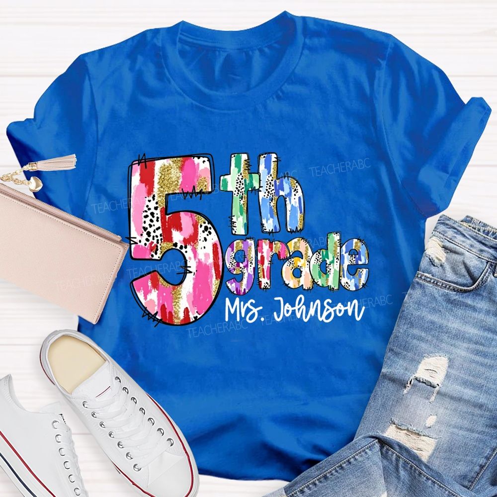 Personalized Name And Grade Watercolor Leopard Gold Glitter Doodle Letter Teacher T-shirt