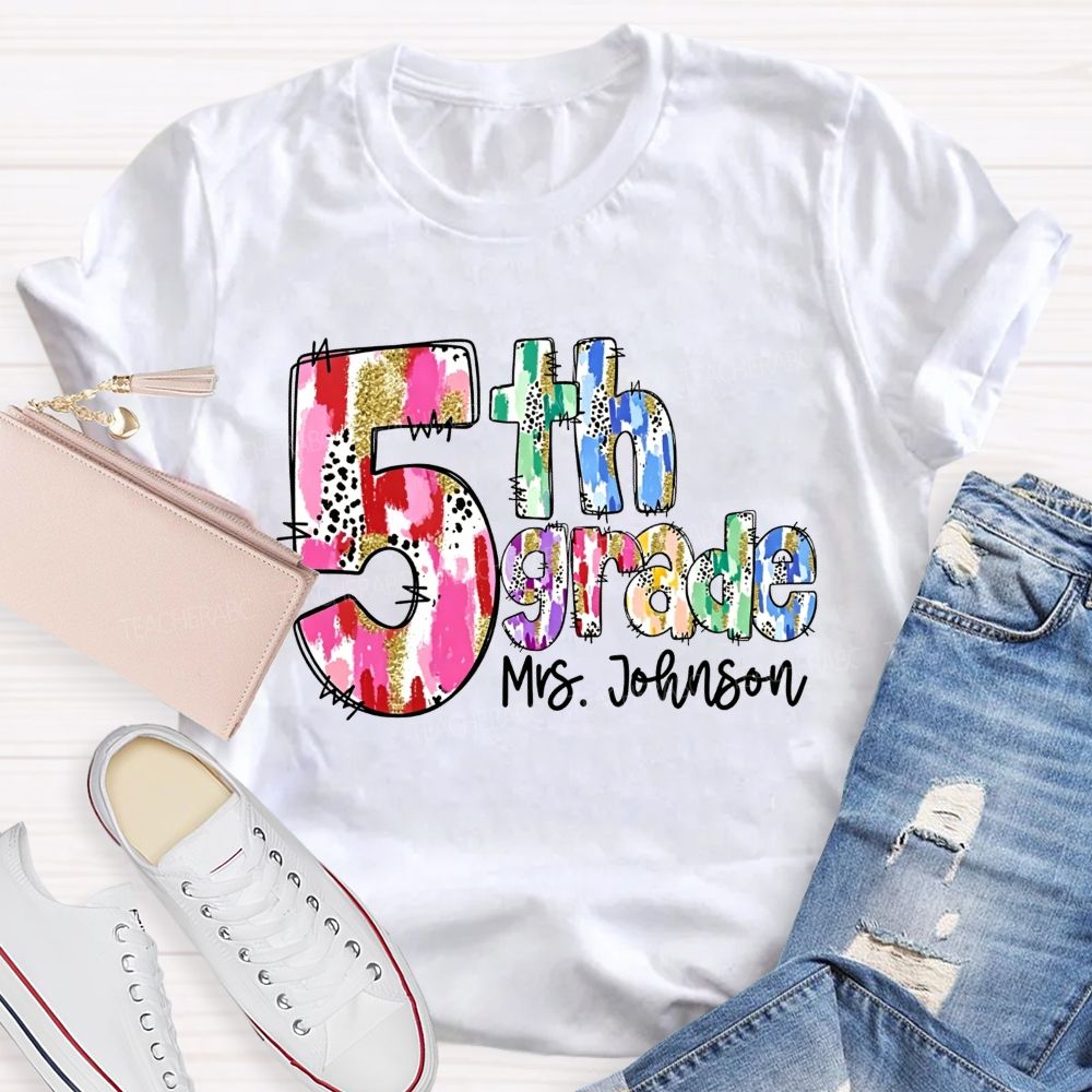 Personalized Name And Grade Watercolor Leopard Gold Glitter Doodle Letter Teacher T-shirt