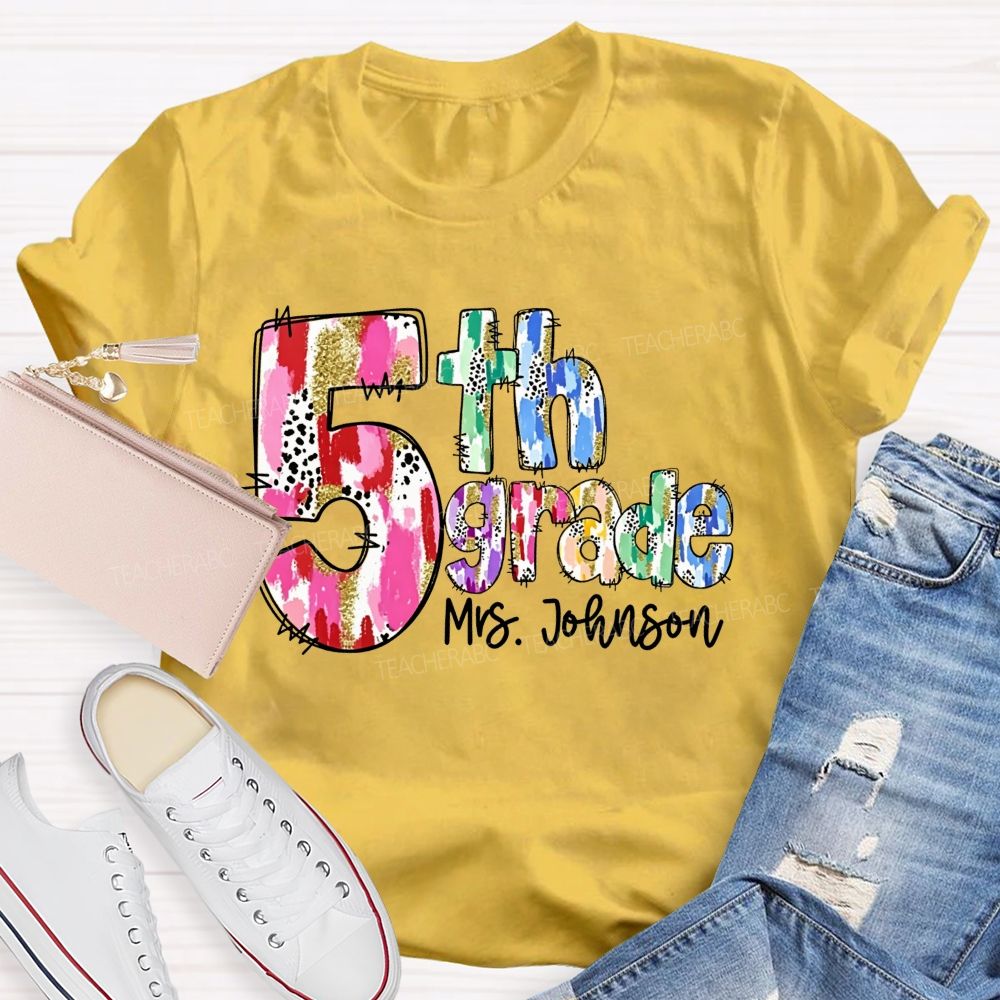 Personalized Name And Grade Watercolor Leopard Gold Glitter Doodle Letter Teacher T-shirt