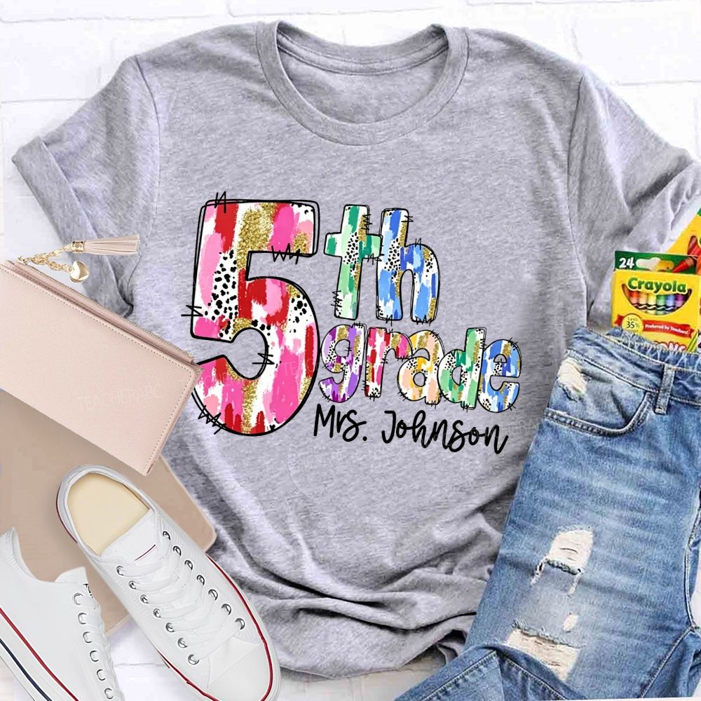Personalized Name And Grade Watercolor Leopard Gold Glitter Doodle Letter Teacher T-shirt