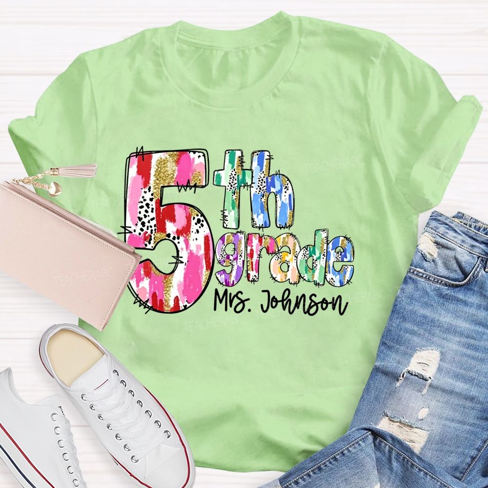 Personalized Name And Grade Watercolor Leopard Gold Glitter Doodle Letter Teacher T-shirt