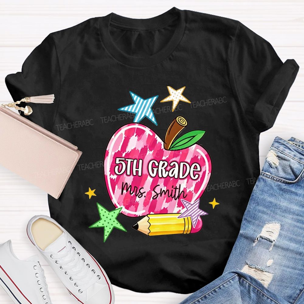 Personalized Name And Grade Watercolor Apple 5th Grade Star Pencil Teacher T-shirt
