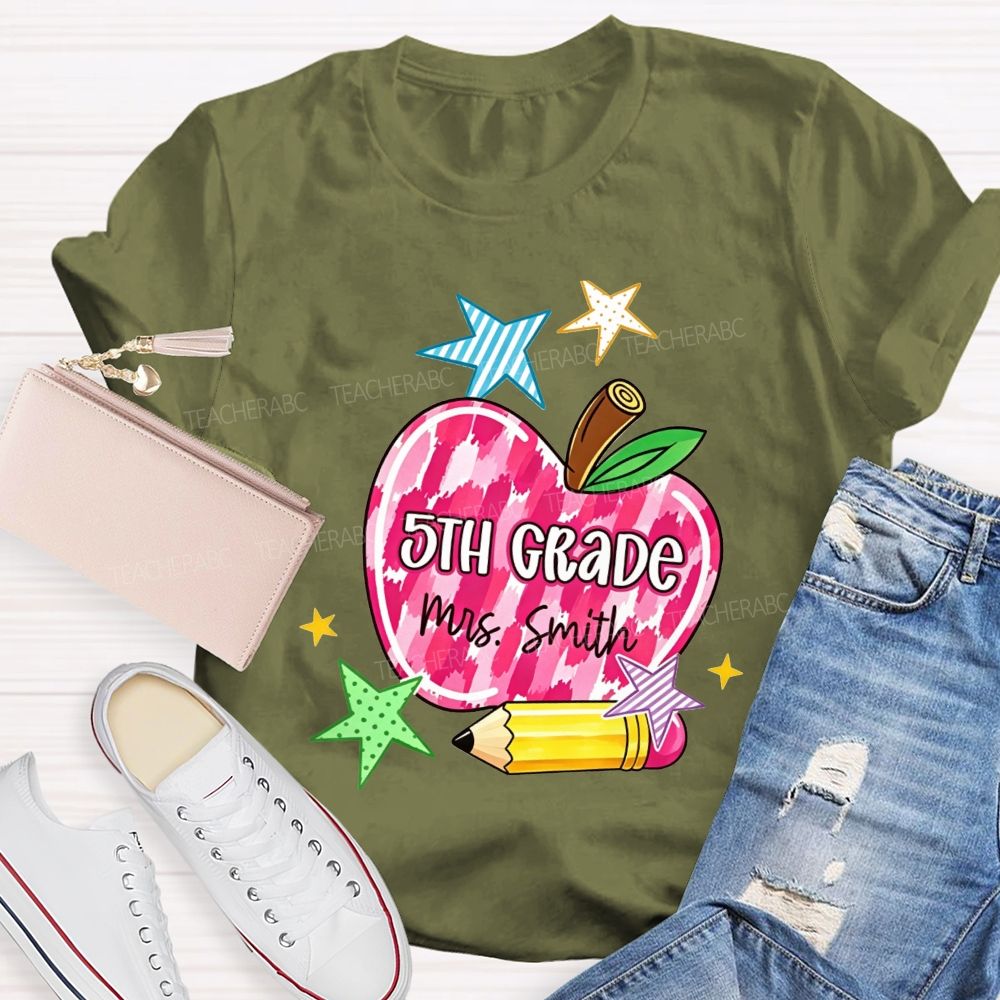 Personalized Name And Grade Watercolor Apple 5th Grade Star Pencil Teacher T-shirt