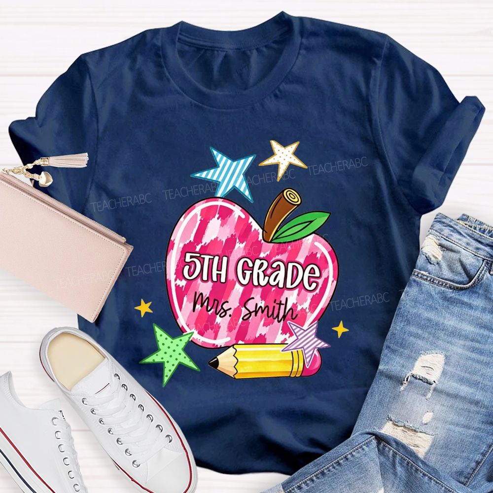 Personalized Name And Grade Watercolor Apple 5th Grade Star Pencil Teacher T-shirt