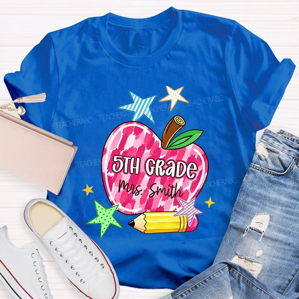 Personalized Name And Grade Watercolor Apple 5th Grade Star Pencil Teacher T-shirt