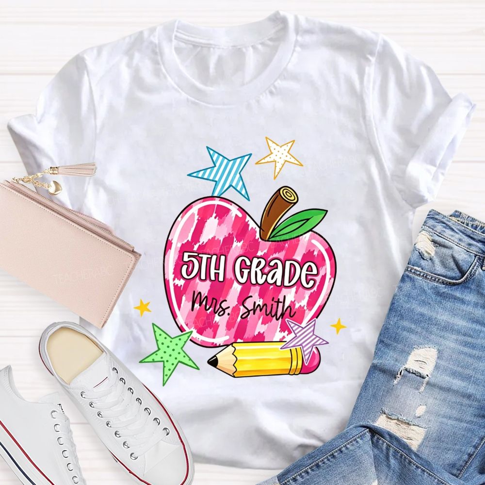 Personalized Name And Grade Watercolor Apple 5th Grade Star Pencil Teacher T-shirt
